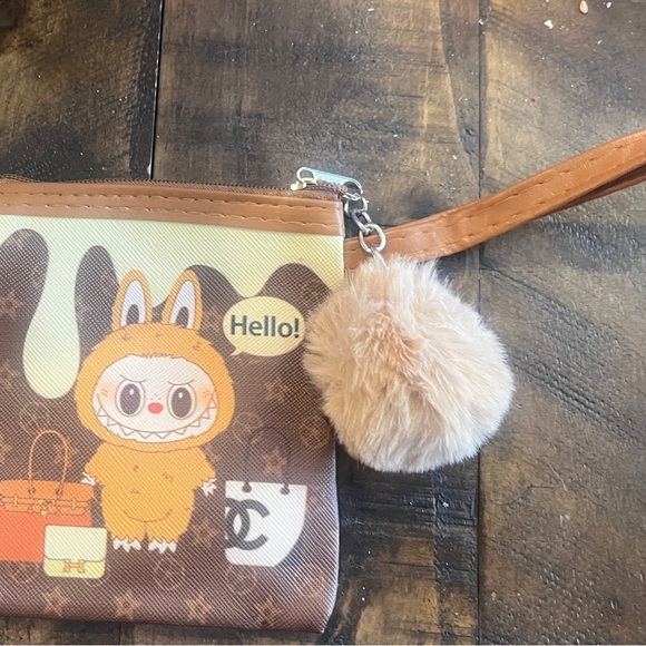 Other - Character Print Wristlet Pouch with Pom Charm - Brown & Tan Labubu
